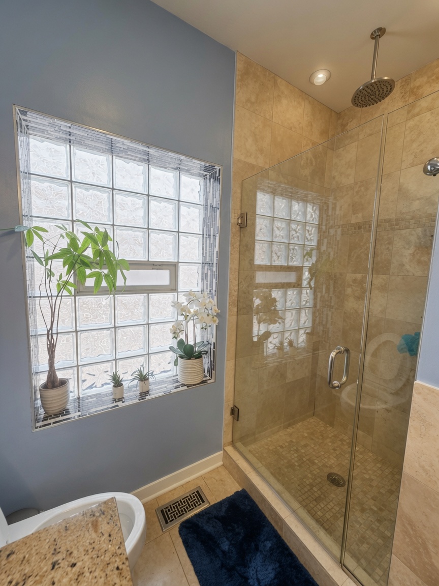 Primary bath walk-in shower with rainfall showerhead