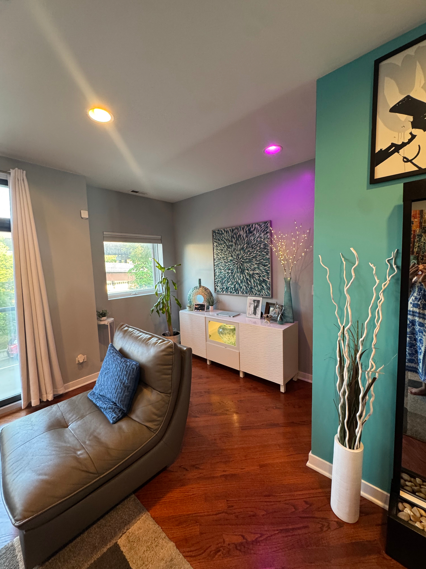 Sitting area with chaise lounge and teal accent wall