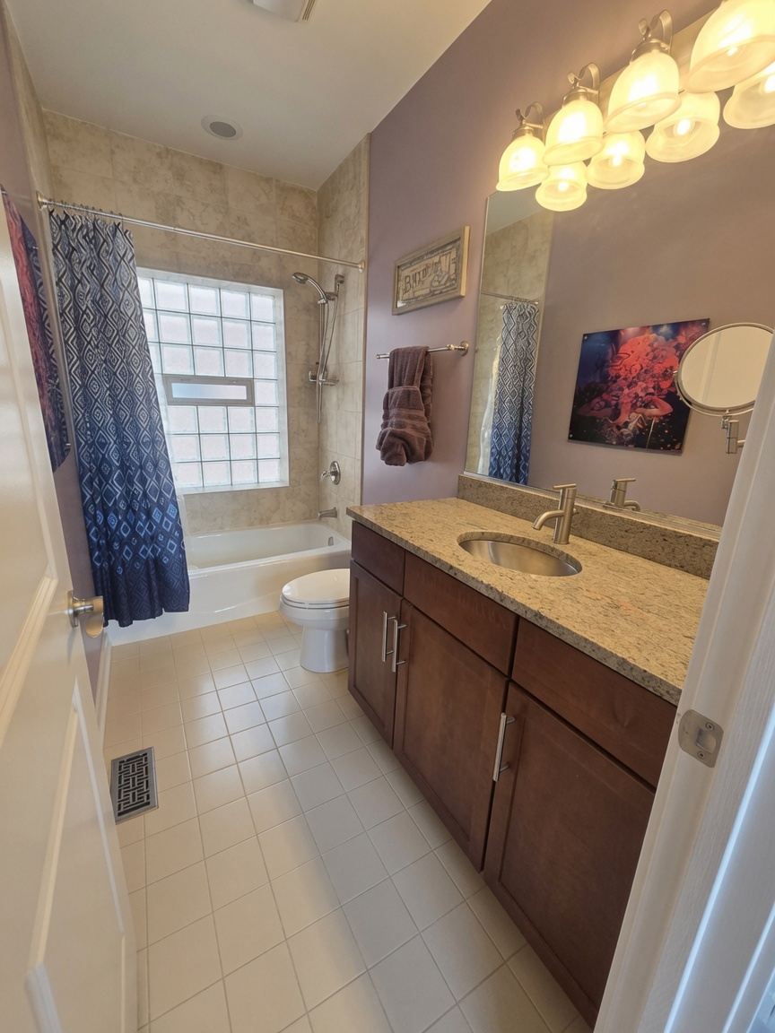 Guest bath with tub, shower, and granite vanity